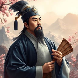 A dignified portrait of Zhuge Liang, the Prime Minister of the Shu Kingdom, depicted as a wise and revered strategist