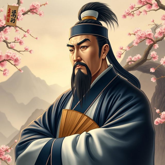 A dignified portrait of Zhuge Liang, the Prime Minister of the Shu Kingdom, depicted as a wise and revered strategist