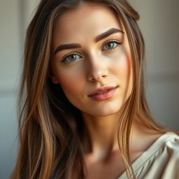 A close-up portrait of a beautiful woman with soft features and gentle makeup