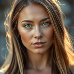 A close-up portrait of a beautiful woman with soft features and gentle makeup
