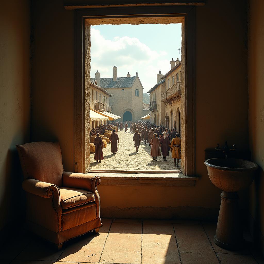 A busy medieval street scene viewed from a window in a sparse, simple room
