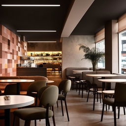 A contemporary style café, with modern furniture, sleek design elements, and chic decor