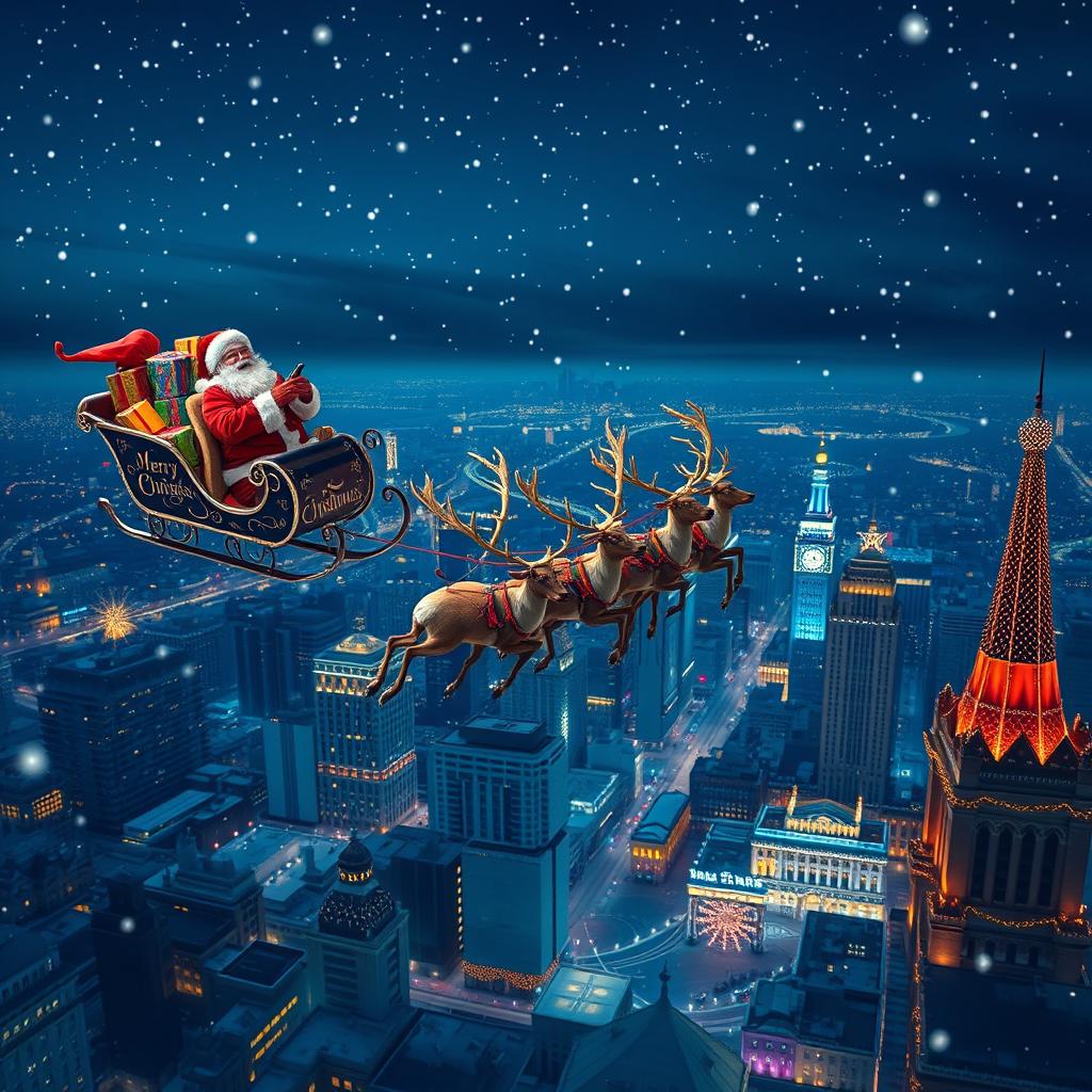 Santa Claus joyfully exclaiming 'Merry Christmas!' while soaring in a sleigh brimming with colorful presents, towed by a team of nine majestic reindeer