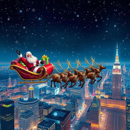 Santa Claus joyfully exclaiming 'Merry Christmas!' while soaring in a sleigh brimming with colorful presents, towed by a team of nine majestic reindeer