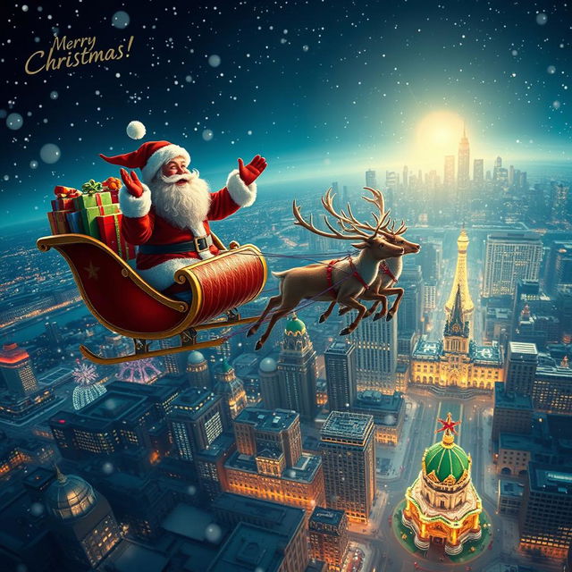 Santa Claus joyfully exclaiming 'Merry Christmas!' while soaring in a sleigh brimming with colorful presents, towed by a team of nine majestic reindeer