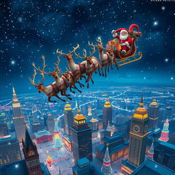 Santa Claus joyfully exclaiming 'Merry Christmas!' while soaring in a sleigh brimming with colorful presents, towed by a team of nine majestic reindeer