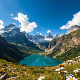 A stunning mountainous landscape, featuring towering peaks covered with snow, rugged cliffs, and lush green valleys below