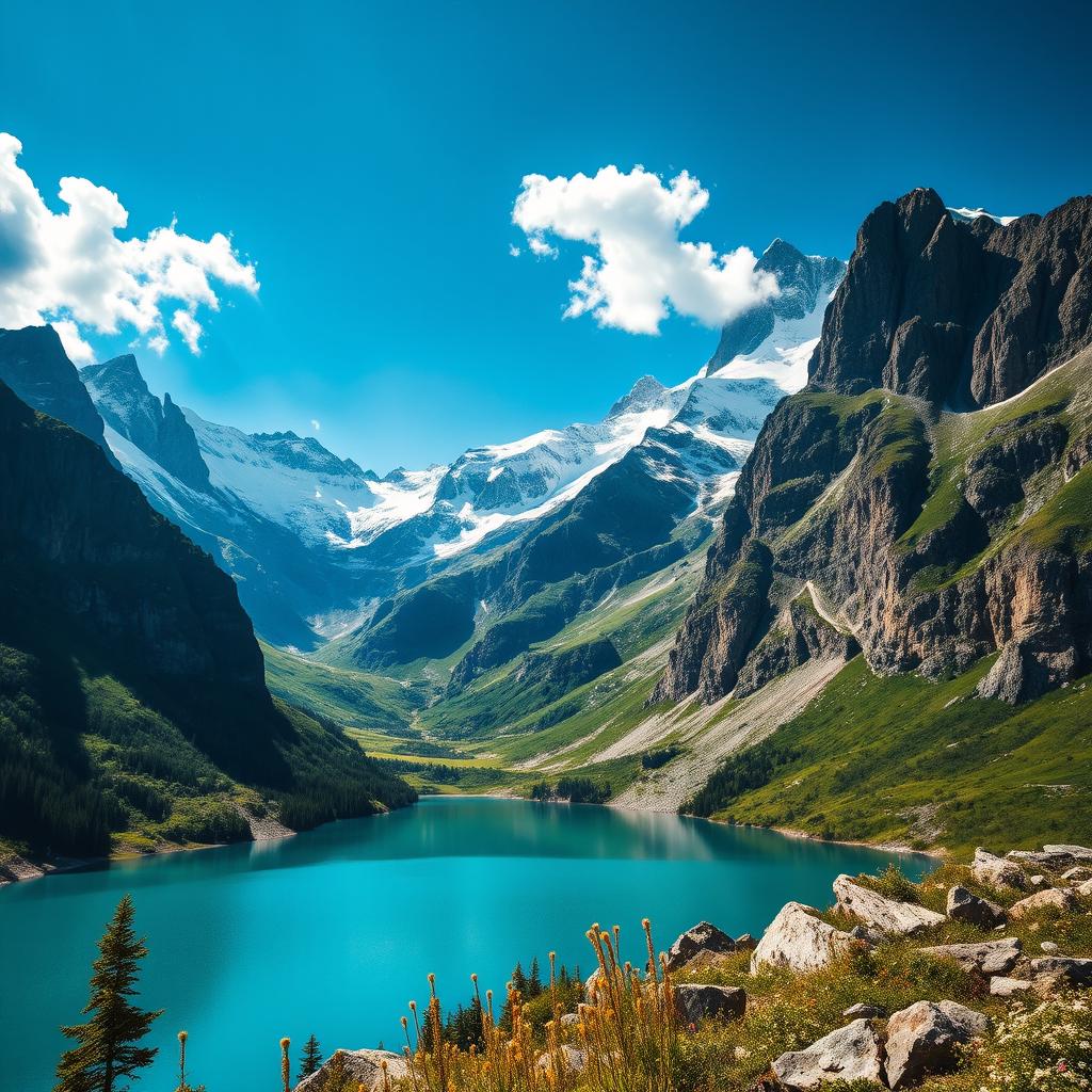 A stunning mountainous landscape, featuring towering peaks covered with snow, rugged cliffs, and lush green valleys below