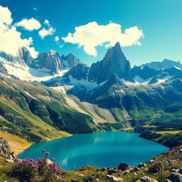 A stunning mountainous landscape, featuring towering peaks covered with snow, rugged cliffs, and lush green valleys below
