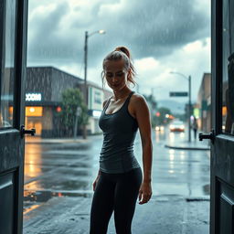 A striking scene featuring Brie Larson standing in an open doorway, just after leaving a gym