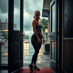 A striking scene featuring Brie Larson standing in an open doorway, just after leaving a gym