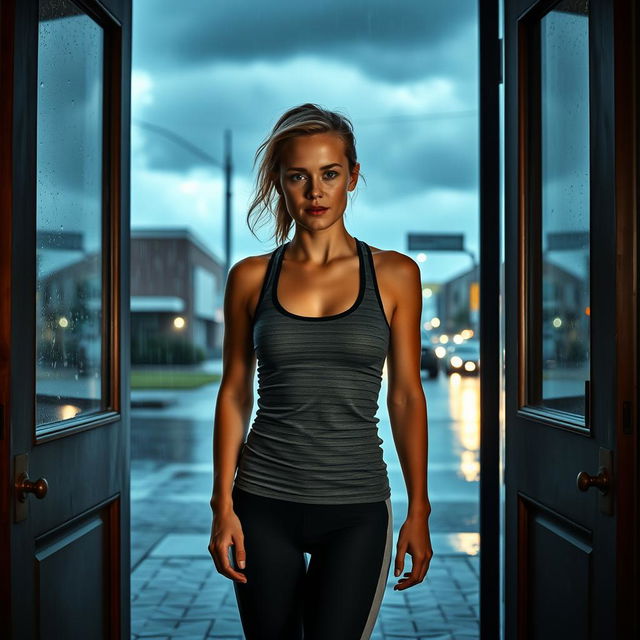 A striking scene featuring Brie Larson standing in an open doorway, just after leaving a gym