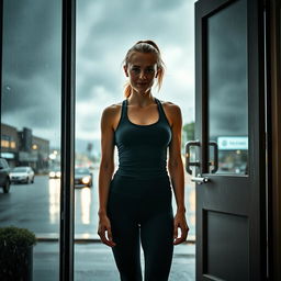 A striking scene featuring Brie Larson standing in an open doorway, just after leaving a gym