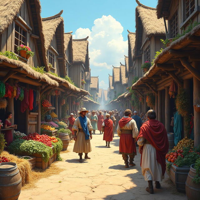 A lively medieval street scene featuring a stable on one side, made of rustic wooden beams and thatched roofing