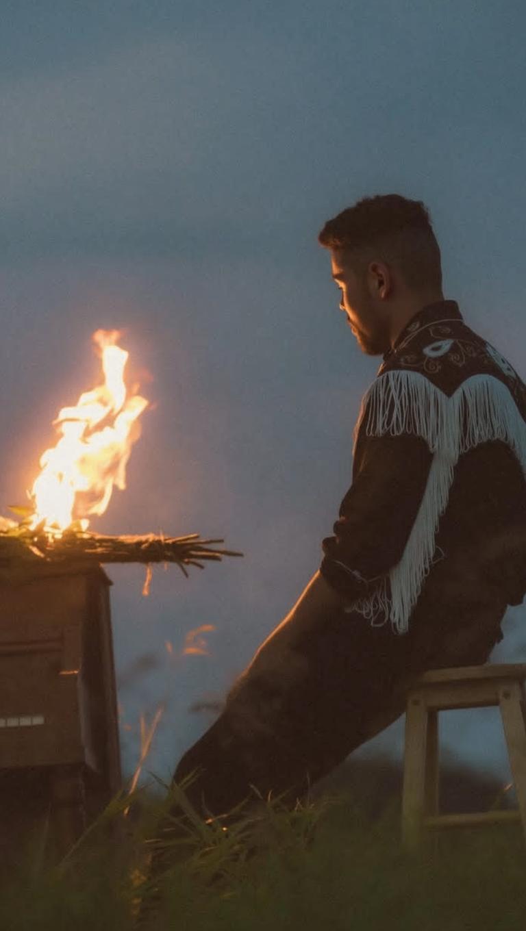 A contemplative young man sitting beside a small fire at dusk