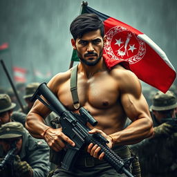 A heroic scene featuring an Afghan army soldier named Mahmoud Yousafzai, depicted holding a gun in combat