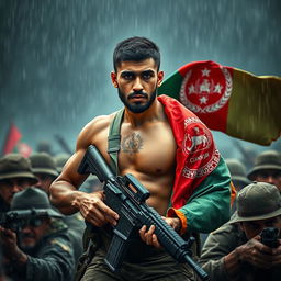 A heroic scene featuring an Afghan army soldier named Mahmoud Yousafzai, depicted holding a gun in combat