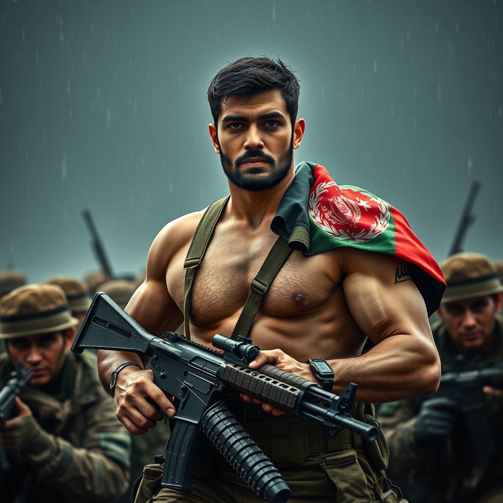 A heroic scene featuring an Afghan army soldier named Mahmoud Yousafzai, depicted holding a gun in combat