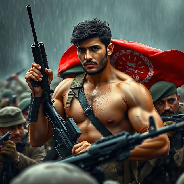 A heroic scene featuring an Afghan army soldier named Mahmoud Yousafzai, depicted holding a gun in combat