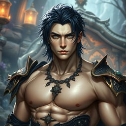 A stunningly handsome young man with a chiseled jawline and well-defined muscles, emphasizing his robust physique