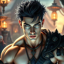 A stunningly handsome young man with a chiseled jawline and well-defined muscles, emphasizing his robust physique