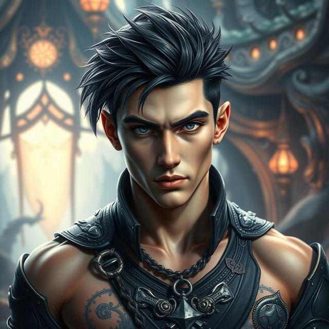 A stunningly handsome young man with a chiseled jawline and well-defined muscles, emphasizing his robust physique