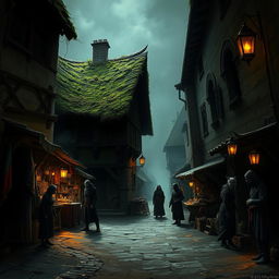 A dark fantasy depiction of a narrow medieval dirt street featuring a stable with ominous wooden beams and a moss-covered thatched roof