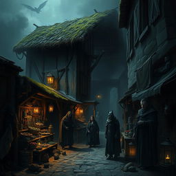 A dark fantasy depiction of a narrow medieval dirt street featuring a stable with ominous wooden beams and a moss-covered thatched roof