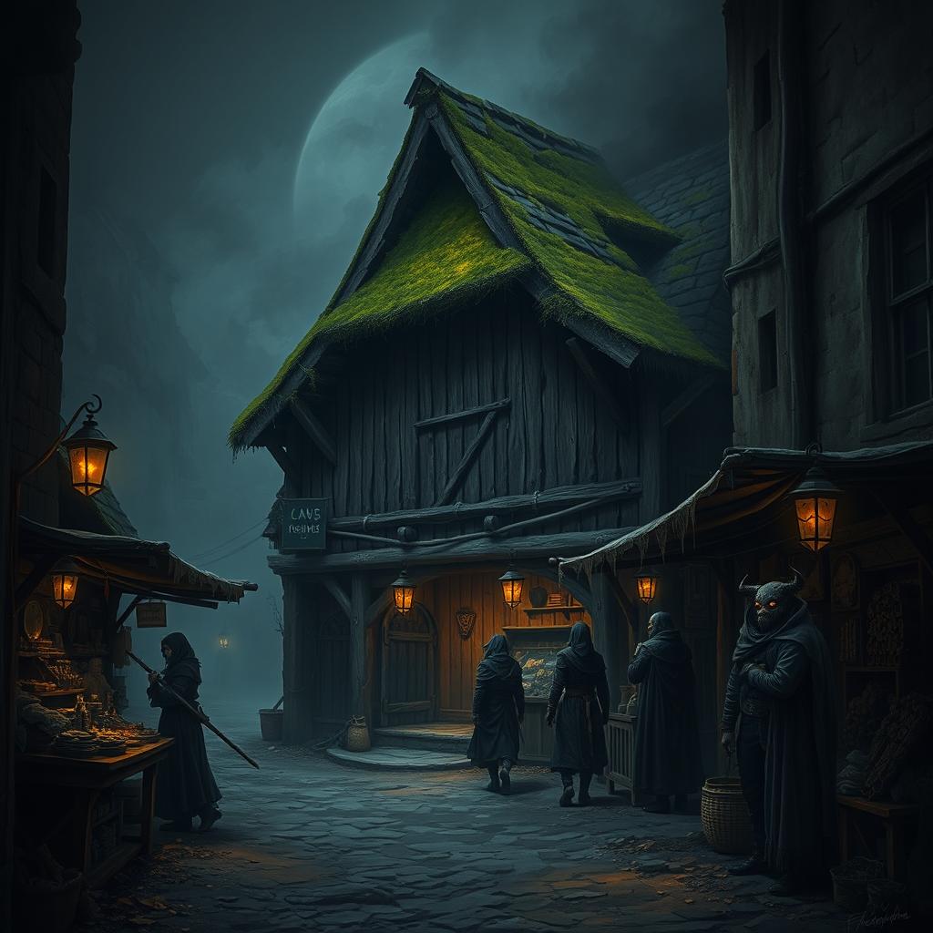 A dark fantasy depiction of a narrow medieval dirt street featuring a stable with ominous wooden beams and a moss-covered thatched roof