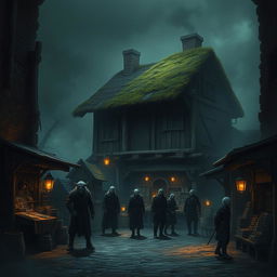 A dark fantasy depiction of a narrow medieval dirt street featuring a stable with ominous wooden beams and a moss-covered thatched roof