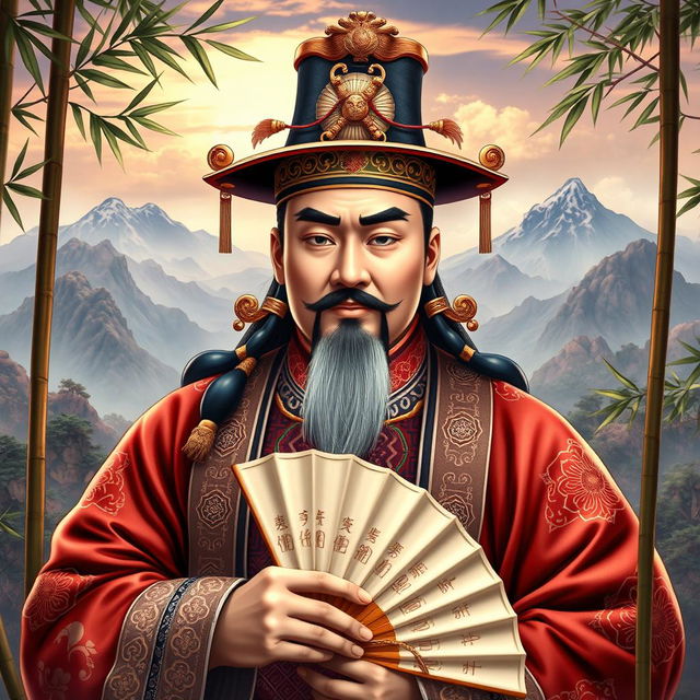 A majestic portrait of Zhuge Liang, the Prime Minister of the Shu Kingdom, set in the Three Kingdoms era of ancient China