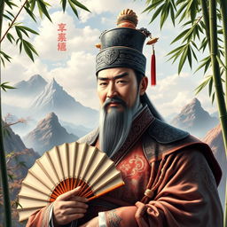 A majestic portrait of Zhuge Liang, the Prime Minister of the Shu Kingdom, set in the Three Kingdoms era of ancient China