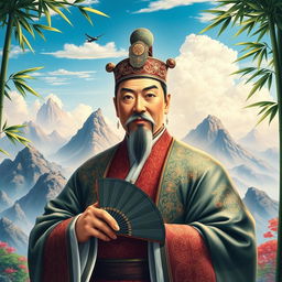 A majestic portrait of Zhuge Liang, the Prime Minister of the Shu Kingdom, set in the Three Kingdoms era of ancient China