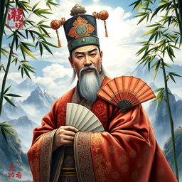 A majestic portrait of Zhuge Liang, the Prime Minister of the Shu Kingdom, set in the Three Kingdoms era of ancient China