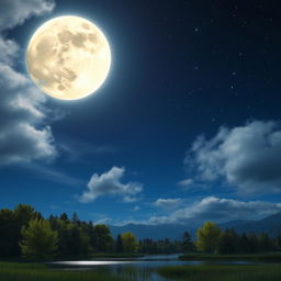 A beautiful night sky with a large, luminous full moon hanging prominently at the top of the scene, casting a soft, silvery glow on the landscape below