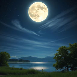 A beautiful night sky with a large, luminous full moon hanging prominently at the top of the scene, casting a soft, silvery glow on the landscape below