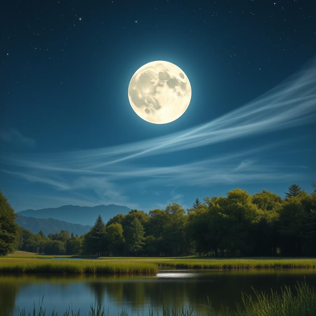 A beautiful night sky with a large, luminous full moon hanging prominently at the top of the scene, casting a soft, silvery glow on the landscape below