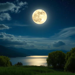 A beautiful night sky with a large, luminous full moon hanging prominently at the top of the scene, casting a soft, silvery glow on the landscape below
