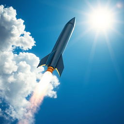 A stunning, high-definition photograph of a sleek rocket soaring into a clear blue sky, with its powerful engines igniting and leaving a trail of smoke behind