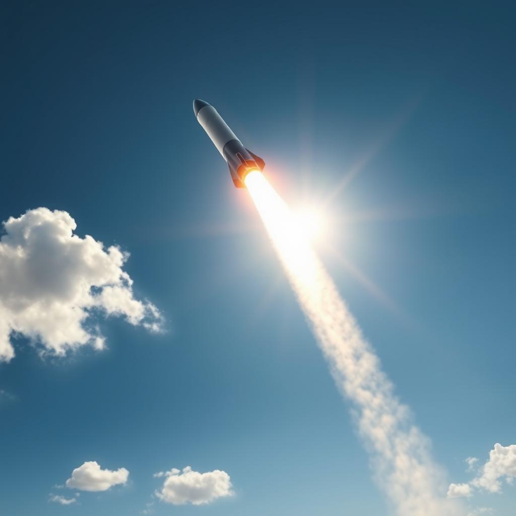 A stunning, high-definition photograph of a sleek rocket soaring into a clear blue sky, with its powerful engines igniting and leaving a trail of smoke behind