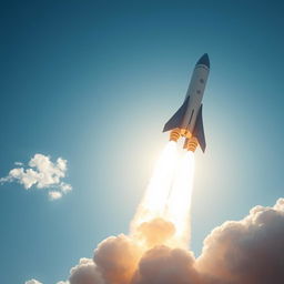 A stunning, high-definition photograph of a sleek rocket soaring into a clear blue sky, with its powerful engines igniting and leaving a trail of smoke behind