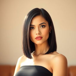 A striking portrait of a woman with short, sleek black hair styled in a modern bob haircut, emphasizing her elegant features