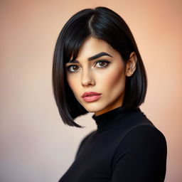 A striking portrait of a woman with short, sleek black hair styled in a modern bob haircut, emphasizing her elegant features