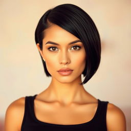 A striking portrait of a woman with short, sleek black hair styled in a modern bob haircut, emphasizing her elegant features