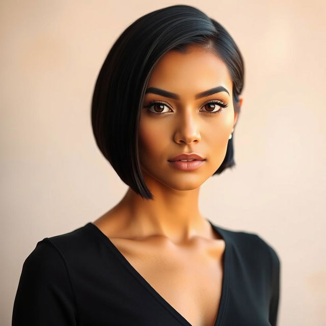 A striking portrait of a woman with short, sleek black hair styled in a modern bob haircut, emphasizing her elegant features