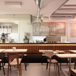 A contemporary style café, with modern furniture, sleek design elements, and chic decor