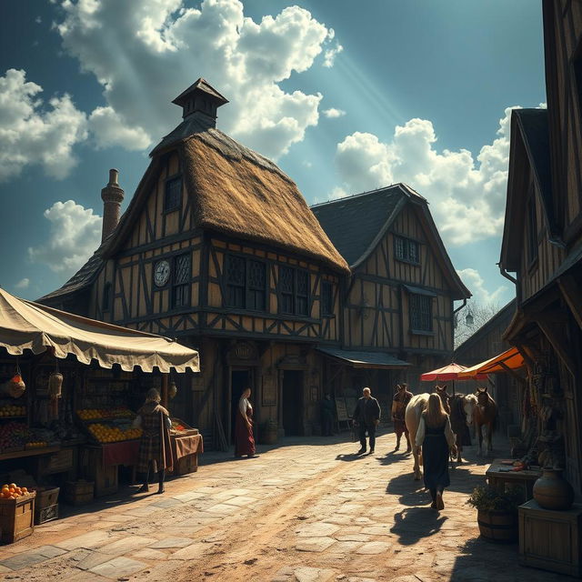 A dark fantasy scene featuring a medieval inn with a worn, timber-framed facade and a thatched roof, standing prominently across from a rustic stable