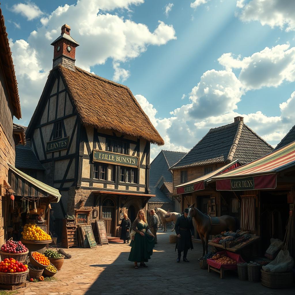 A dark fantasy scene featuring a medieval inn with a worn, timber-framed facade and a thatched roof, standing prominently across from a rustic stable