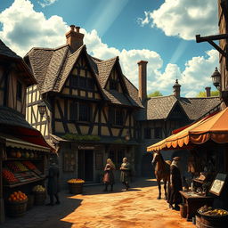 A dark fantasy scene featuring a medieval inn with a worn, timber-framed facade and a thatched roof, standing prominently across from a rustic stable