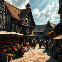 A dark fantasy scene featuring a medieval inn with a worn, timber-framed facade and a thatched roof, standing prominently across from a rustic stable